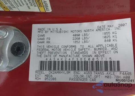 2008 Mitsubishi Eclipse Gs z USA, uszkodzony, nr VIN 4A3AK24F38E005715